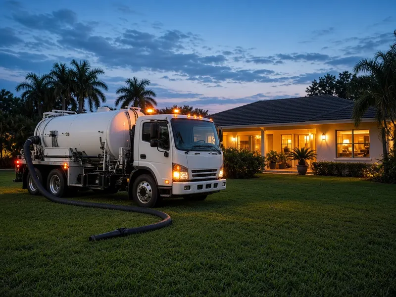 Septic service truck with work lights on beside a Florida home at dusk