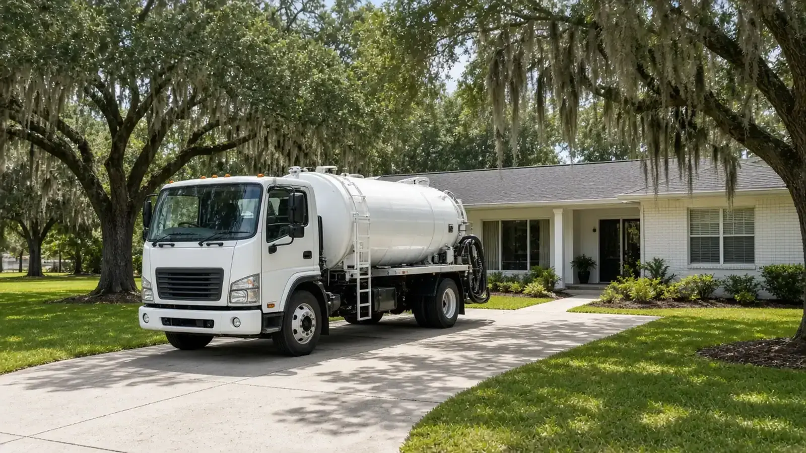 Septic pumping truck parked in the driveway of a Florida ranch home under live oaks with Spanish moss