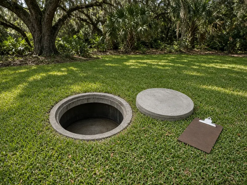 Gloved hands lifting a concrete septic tank lid in a grassy Florida yard