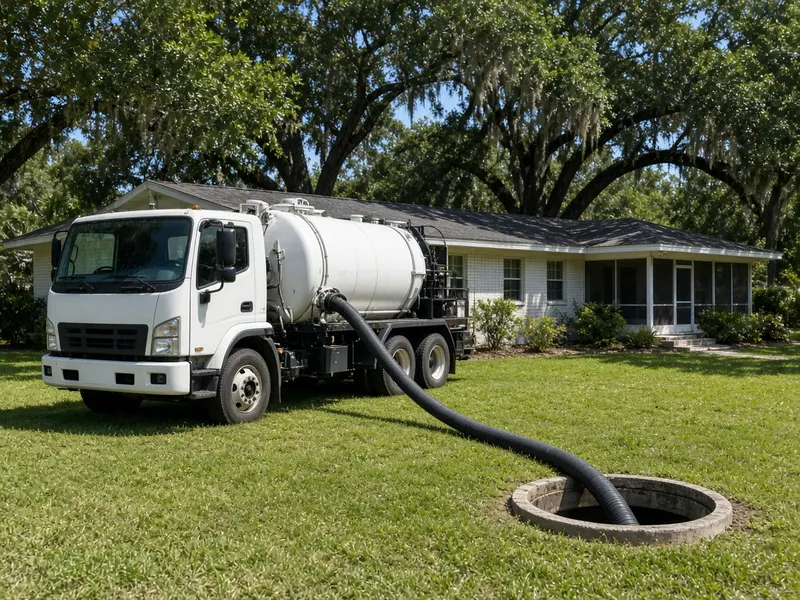 Vacuum pump truck with its suction hose running into an open septic tank lid on a Florida lawn