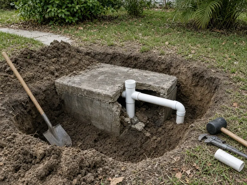 New PVC fittings and a septic pump next to an open riser in a sandy yard